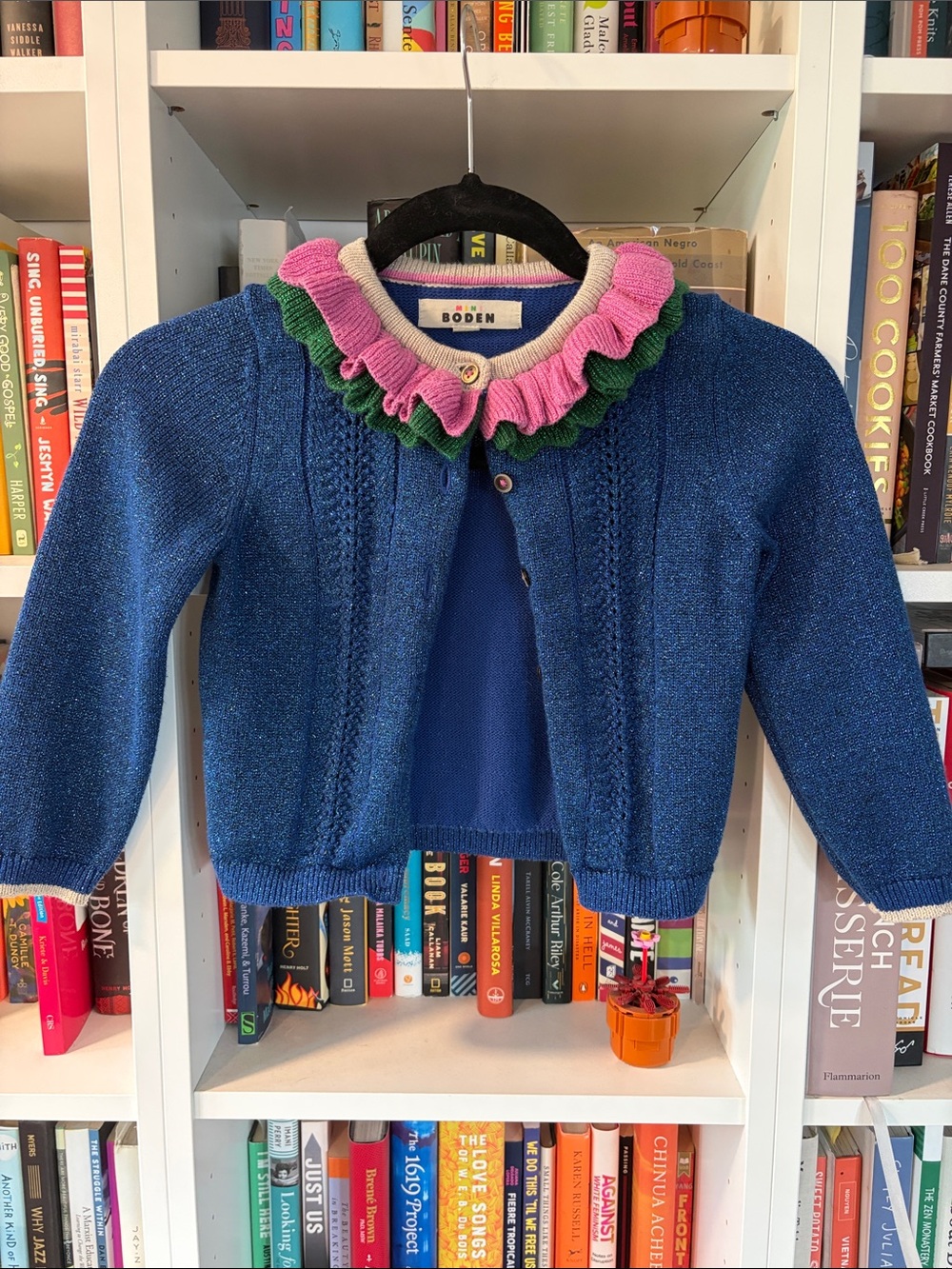 Mini Boden Navy Sparkle Cardigan with Pink & Green Ruffle Collar
